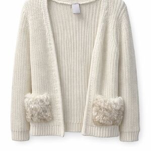 Tahari Sweater Ivory Open Front Faux Fur Pockets With Snowflake Charm.